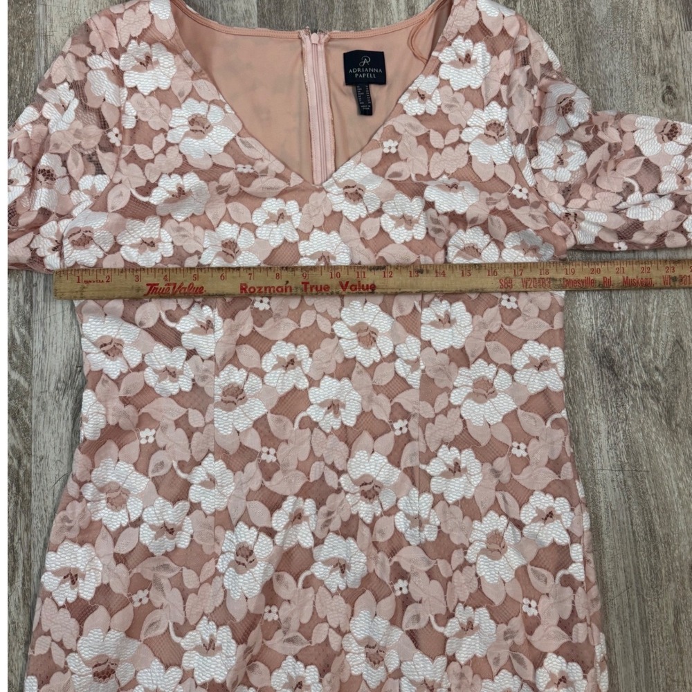 Adrianna‎ Papell Bell Sleeve Lace Sheath Dress Ivory Pink V Neck Size 16 - Picture 6 of 9